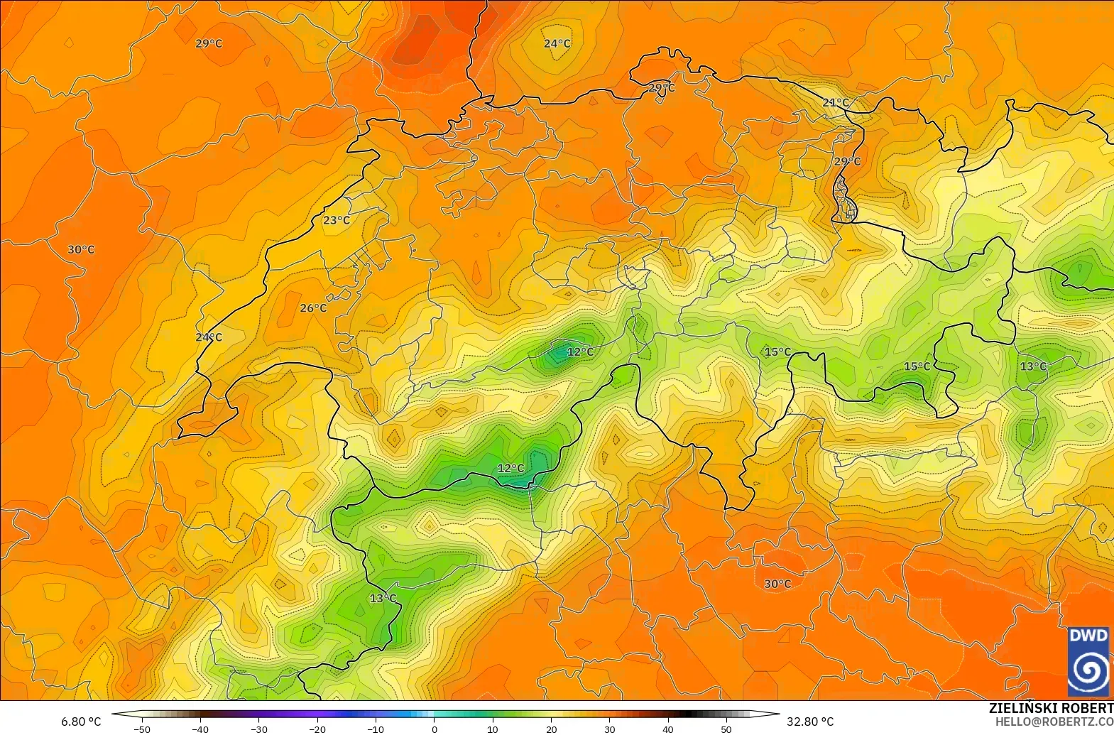 ICON modelo - Suiza, Temperatura a 2 m