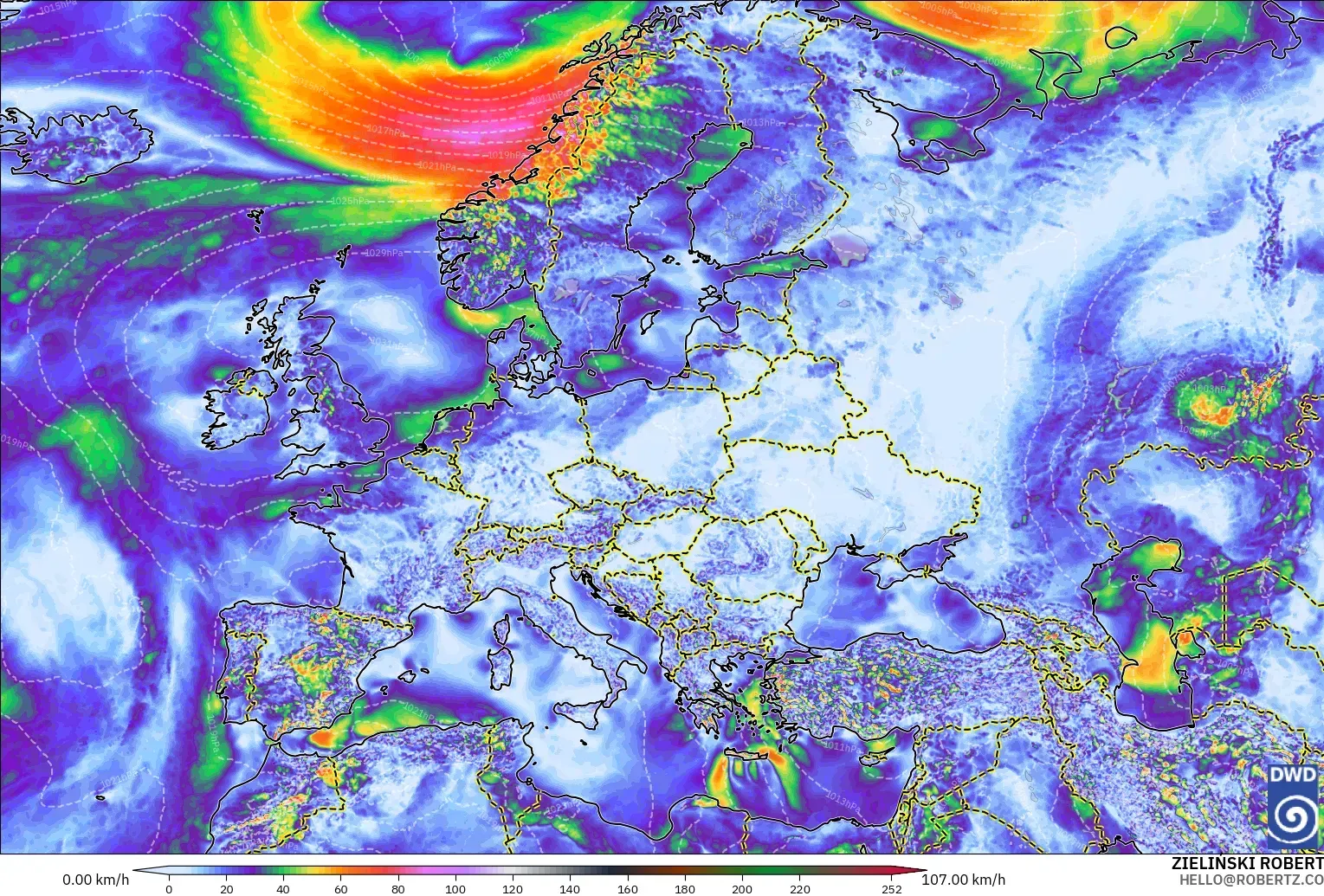 ICON modelo - Europa, Ráfagas de viento