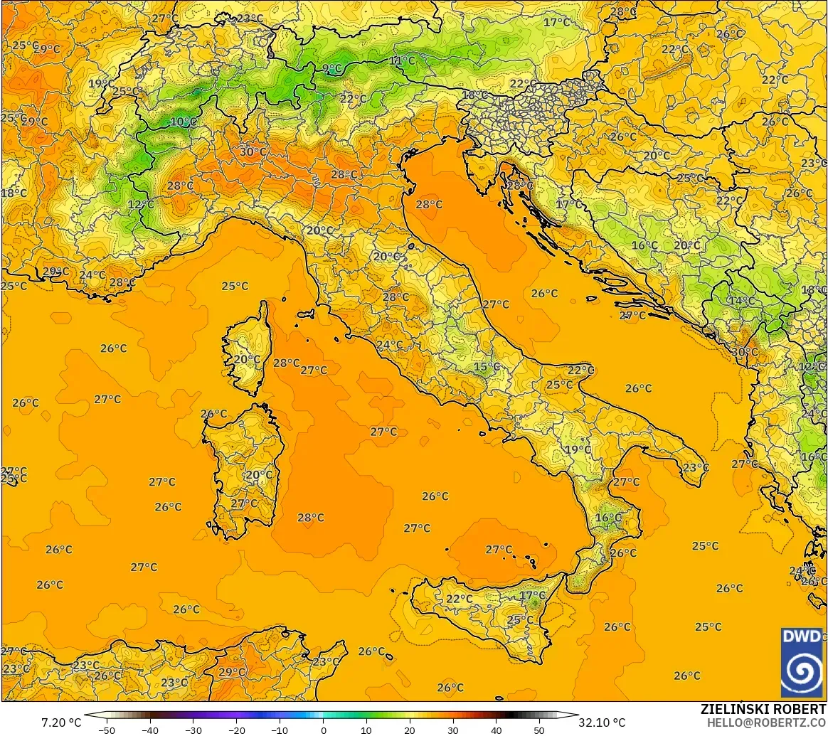 ICON modelo - Italia, Temperatura a 2 m