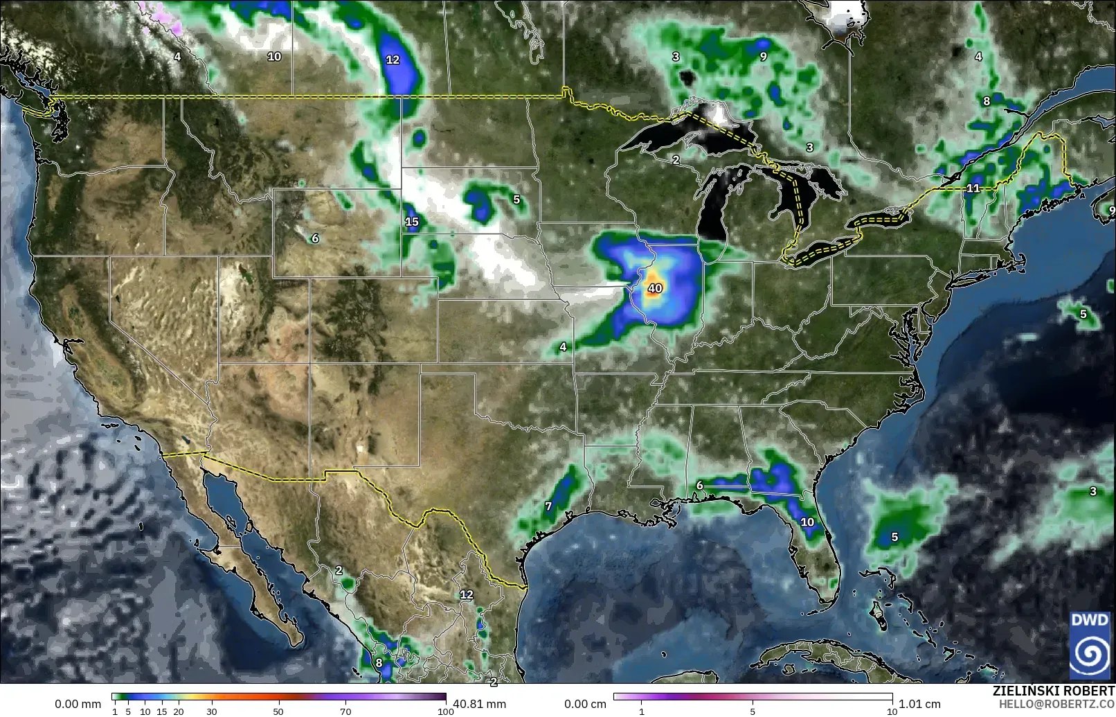 ICON modelo - Estados Unidos, Precipitación, nubes y presión