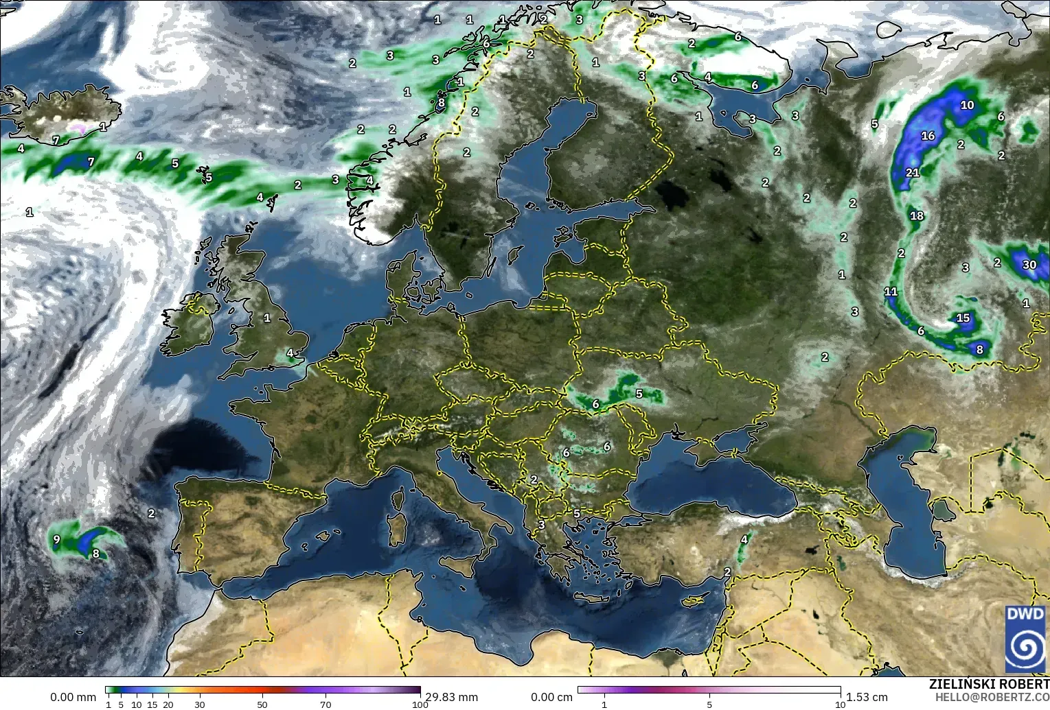 ICON modelo - Europa, Precipitación, nubes y presión