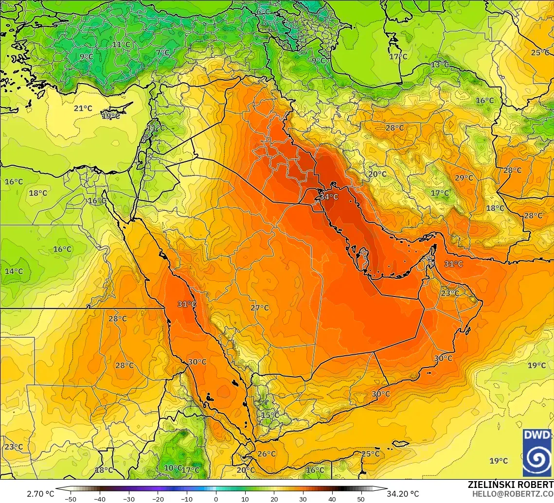 ICON modelo - Oriente Medio, Temperatura a 850 hPa