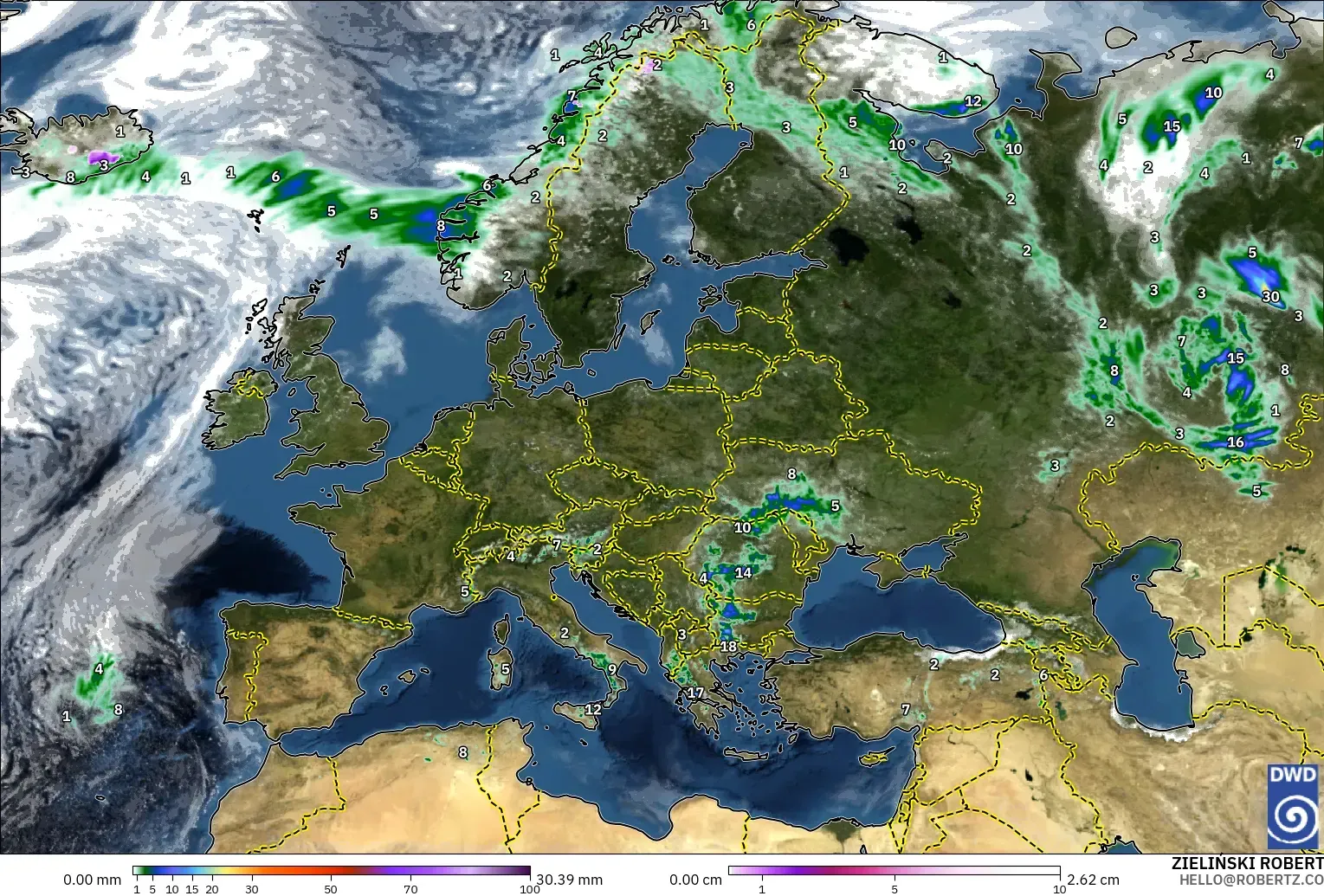 ICON modelo - Europa, Precipitación, nubes y presión