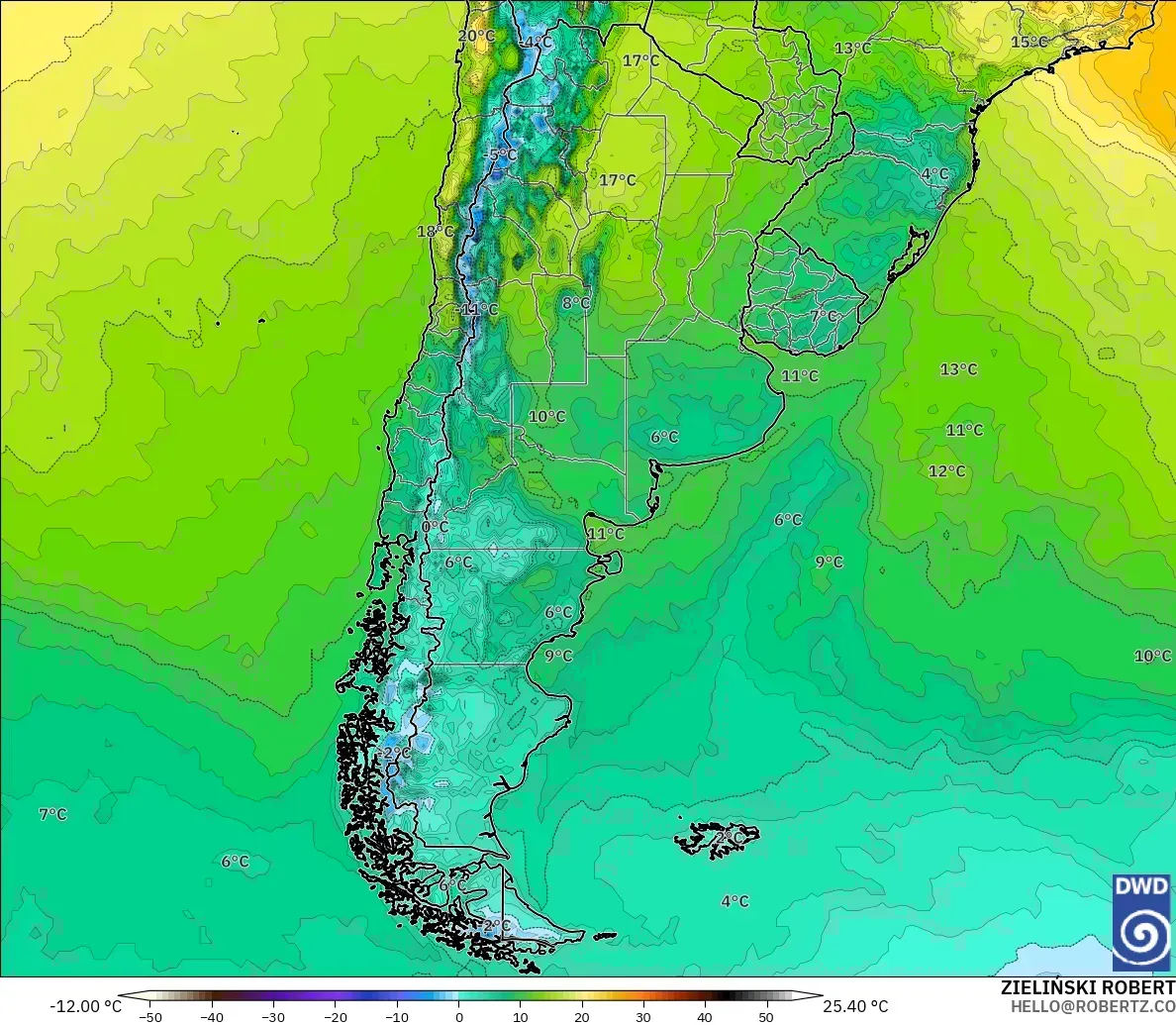 ICON modelo - Argentina, Temperatura a 2 m