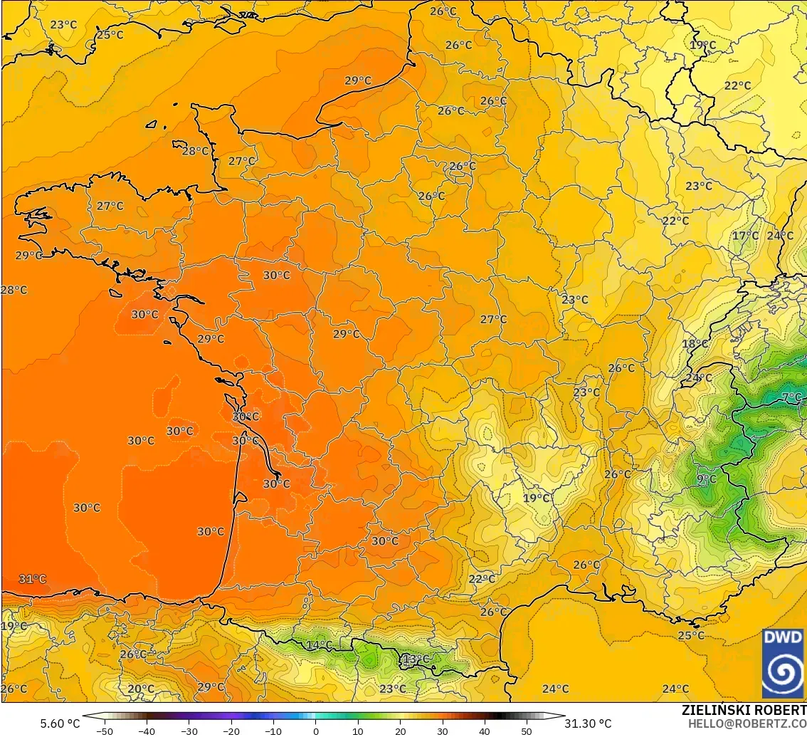ICON modelo - Francia, Temperatura a 850 hPa