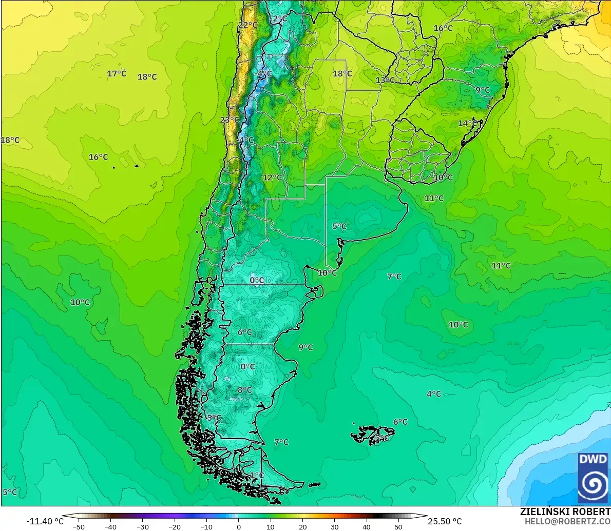 ICON modelo - Argentina, Temperatura a 2 m