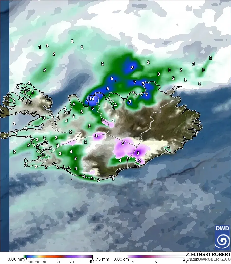 ICON modelo - Islandia, Precipitación, nubes y presión