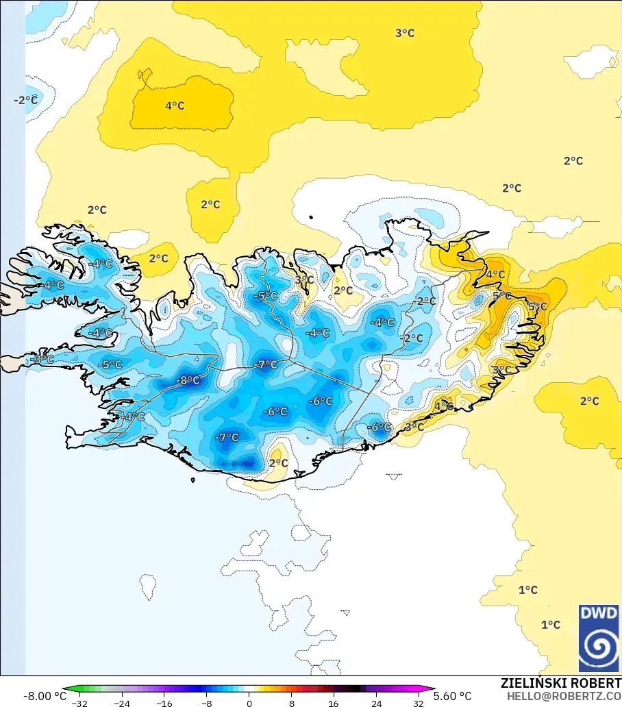 ICON modelo - Islandia, Anomalía de temperatura a 2 m