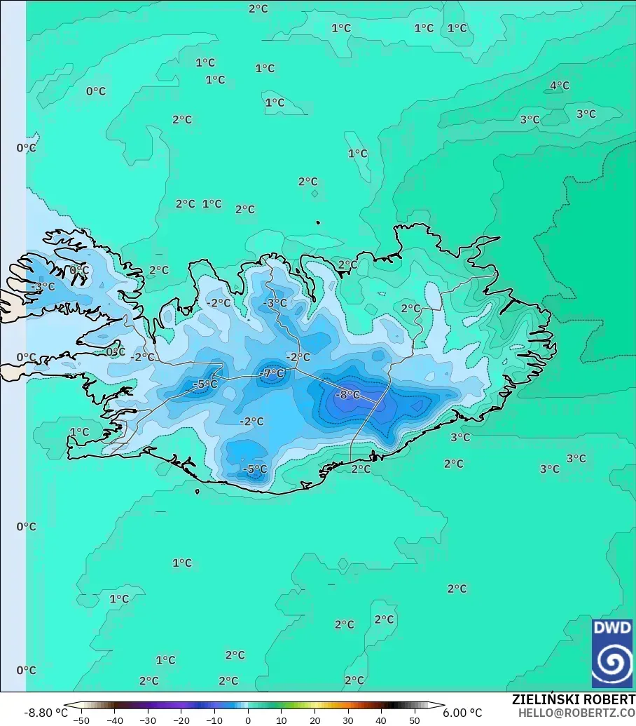 ICON modelo - Islandia, Temperatura a 850 hPa