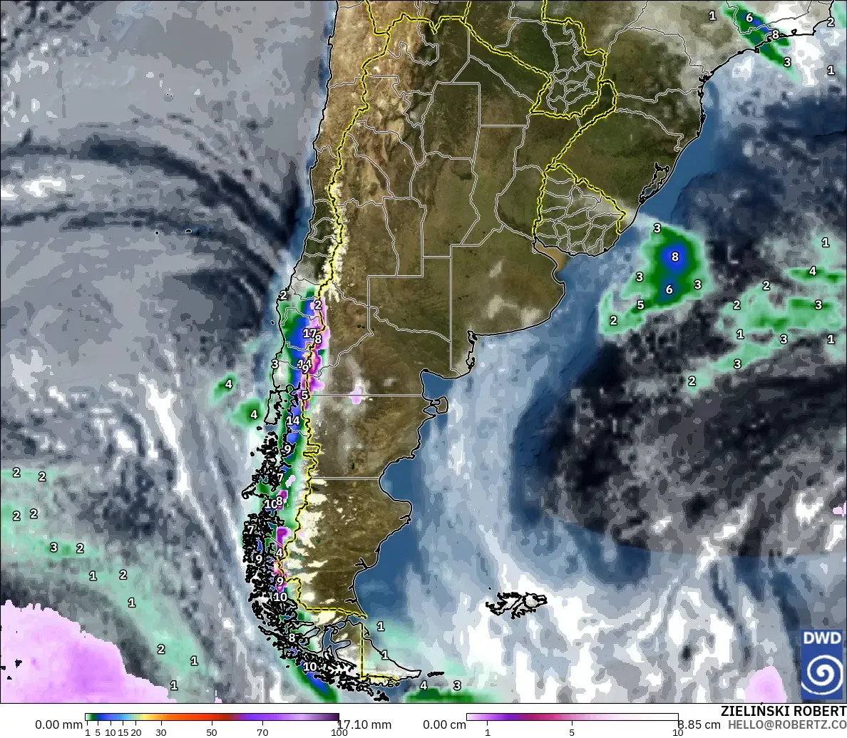 ICON modelo - Argentina, Precipitación, nubes y presión