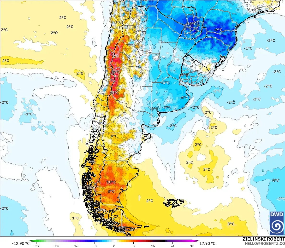 ICON modelo - Argentina, Anomalía de temperatura a 2 m