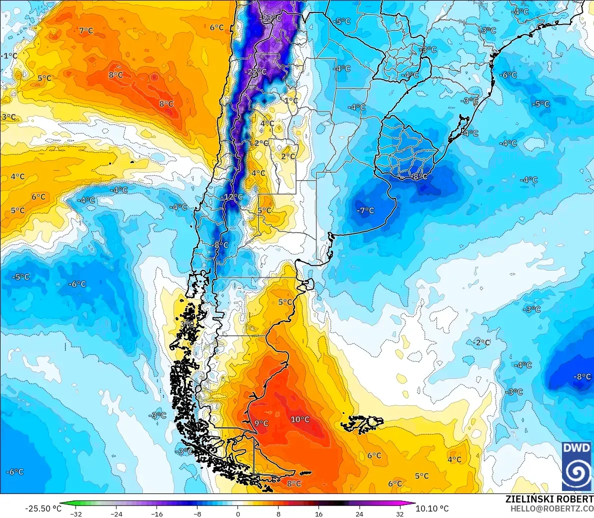 ICON modelo - Argentina, Anomalía de temperatura a 850 hPa