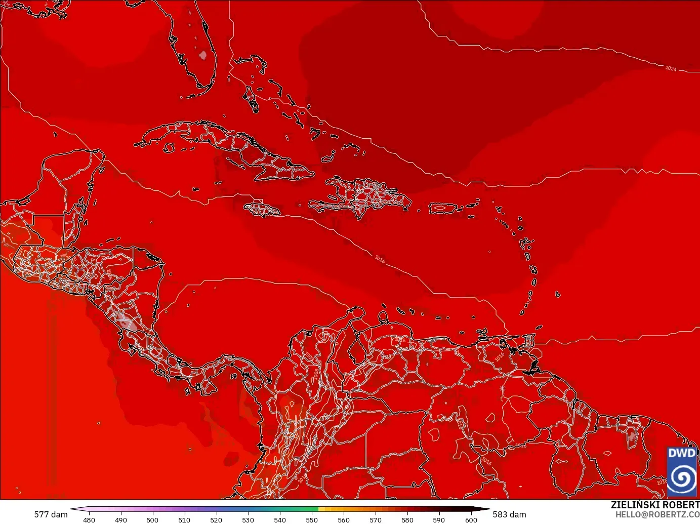 ICON modelo - Caribe, Altura geopotencial a 500 hPa