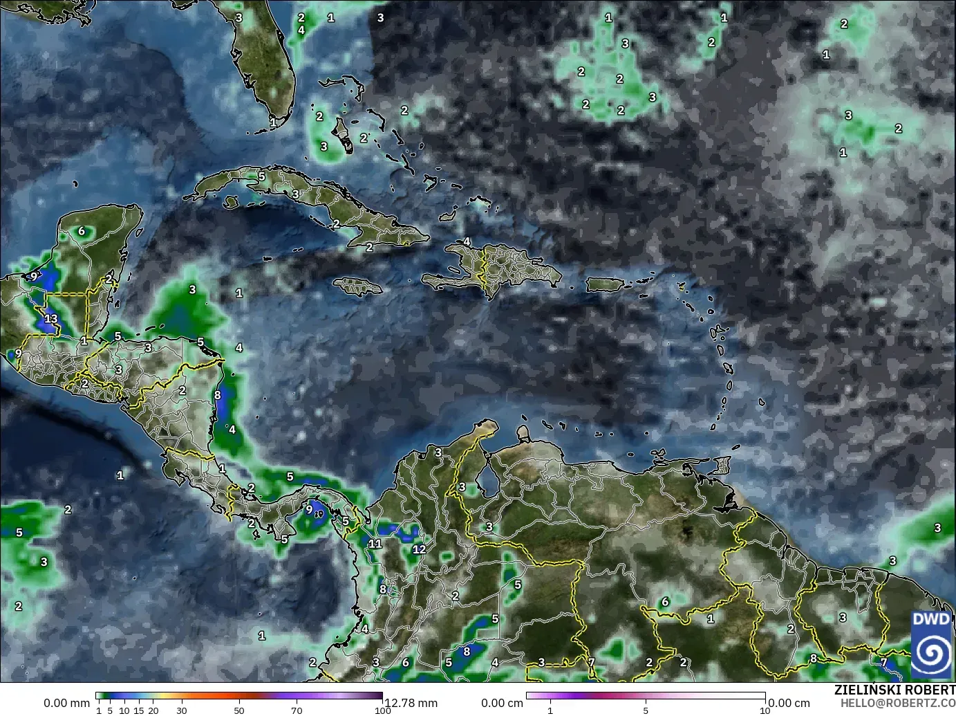 ICON modelo - Caribe, Precipitación, nubes y presión