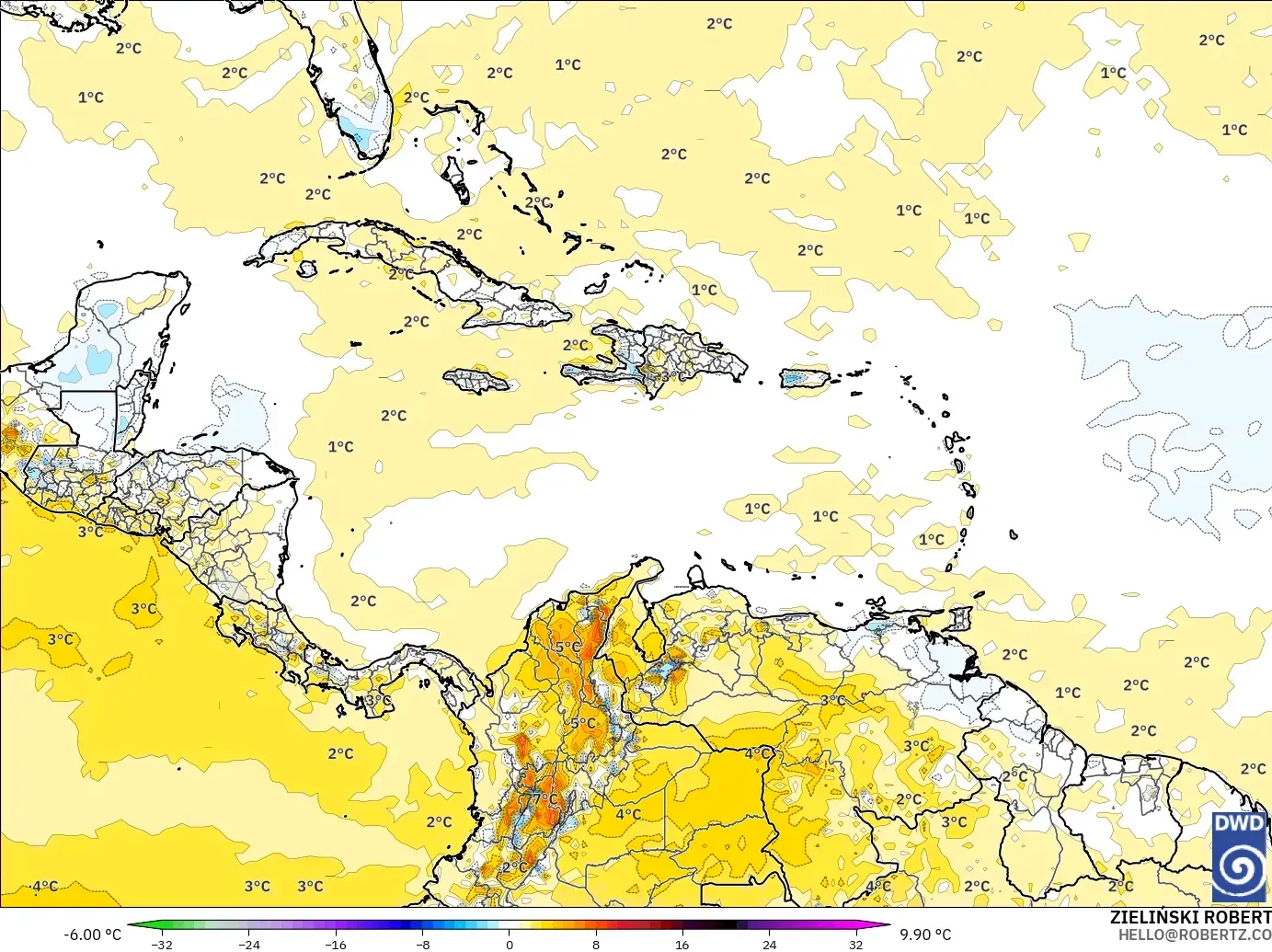 ICON modelo - Caribe, Anomalía de temperatura a 2 m