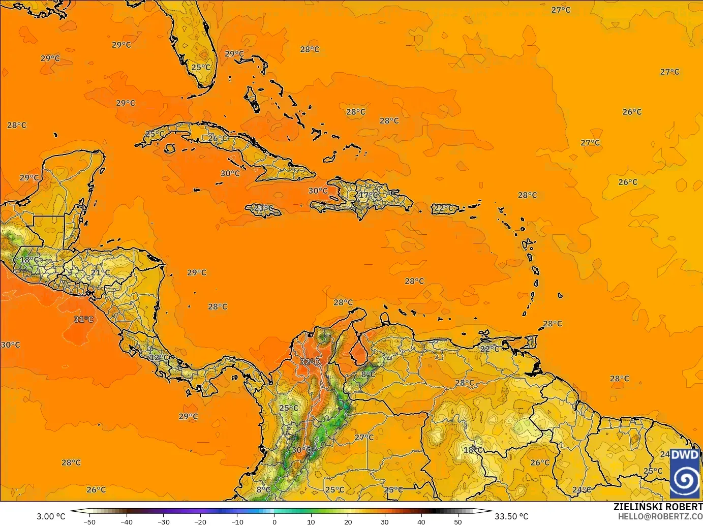 ICON modelo - Caribe, Temperatura a 2 m