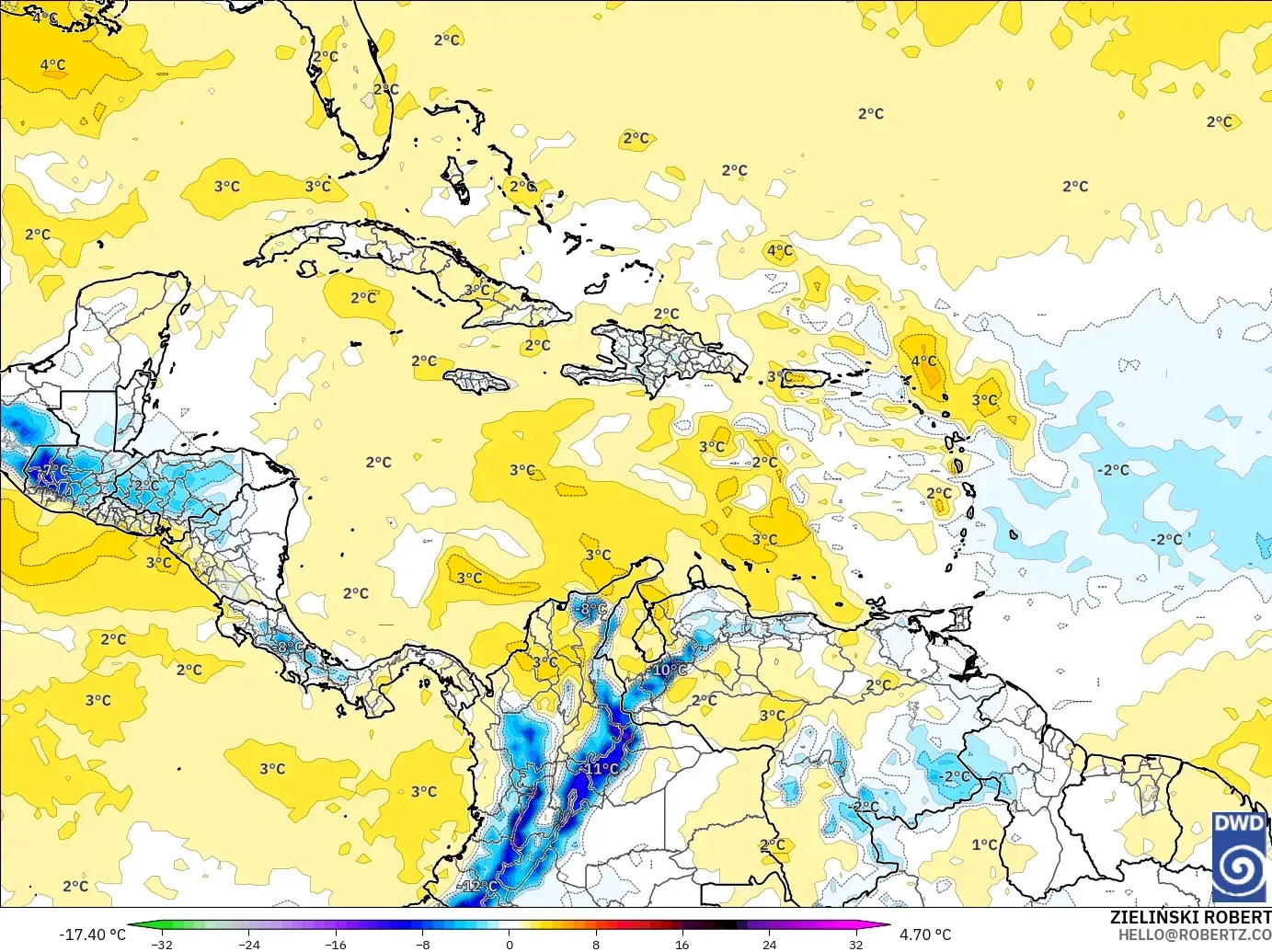 ICON modelo - Caribe, Anomalía de temperatura a 850 hPa