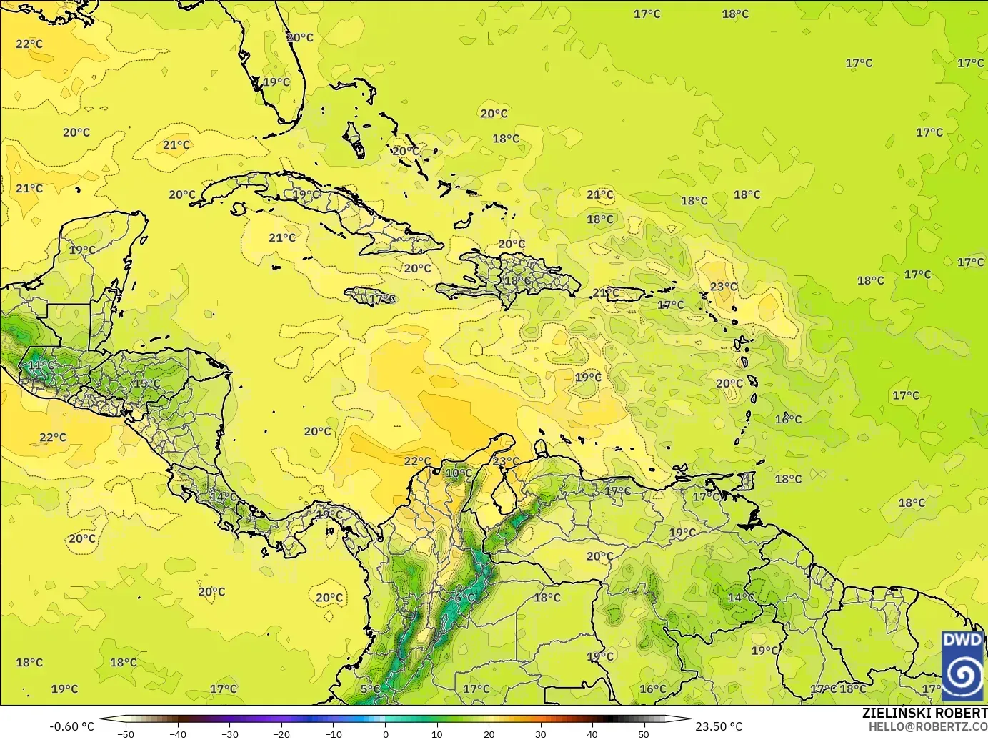 ICON modelo - Caribe, Temperatura a 850 hPa