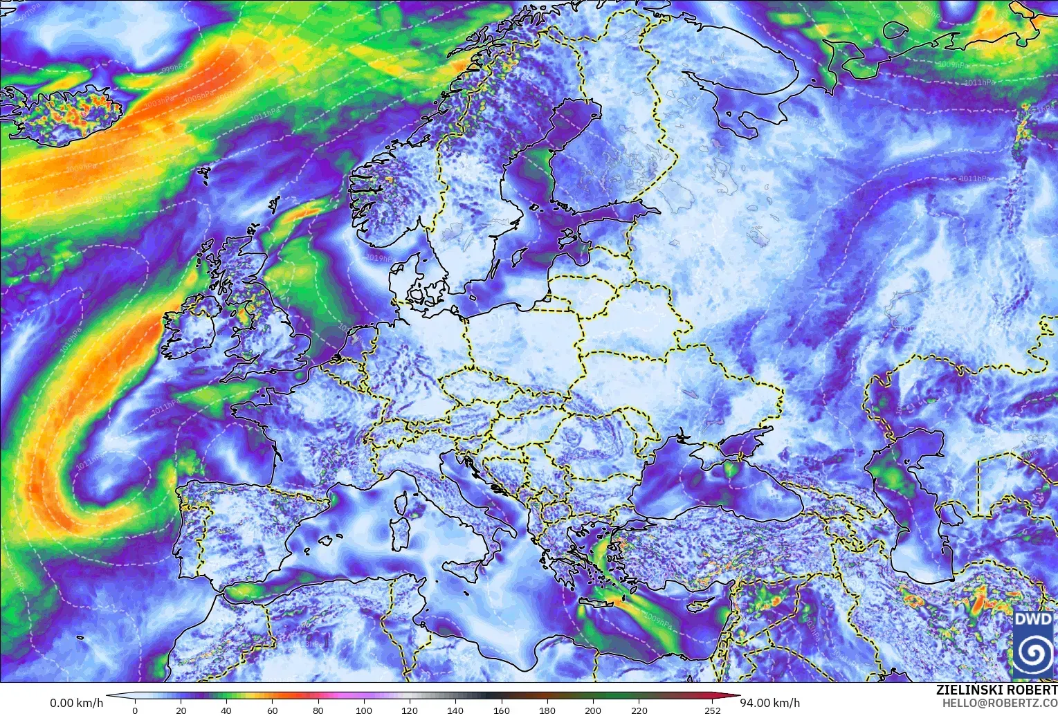 ICON modelo - Europa, Ráfagas de viento