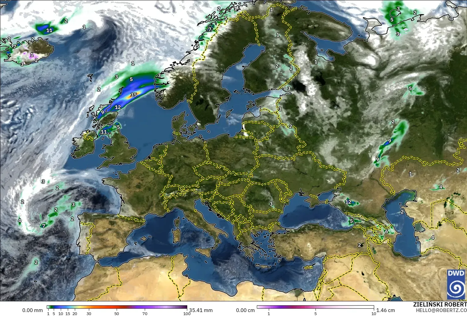 ICON modelo - Europa, Precipitación, nubes y presión