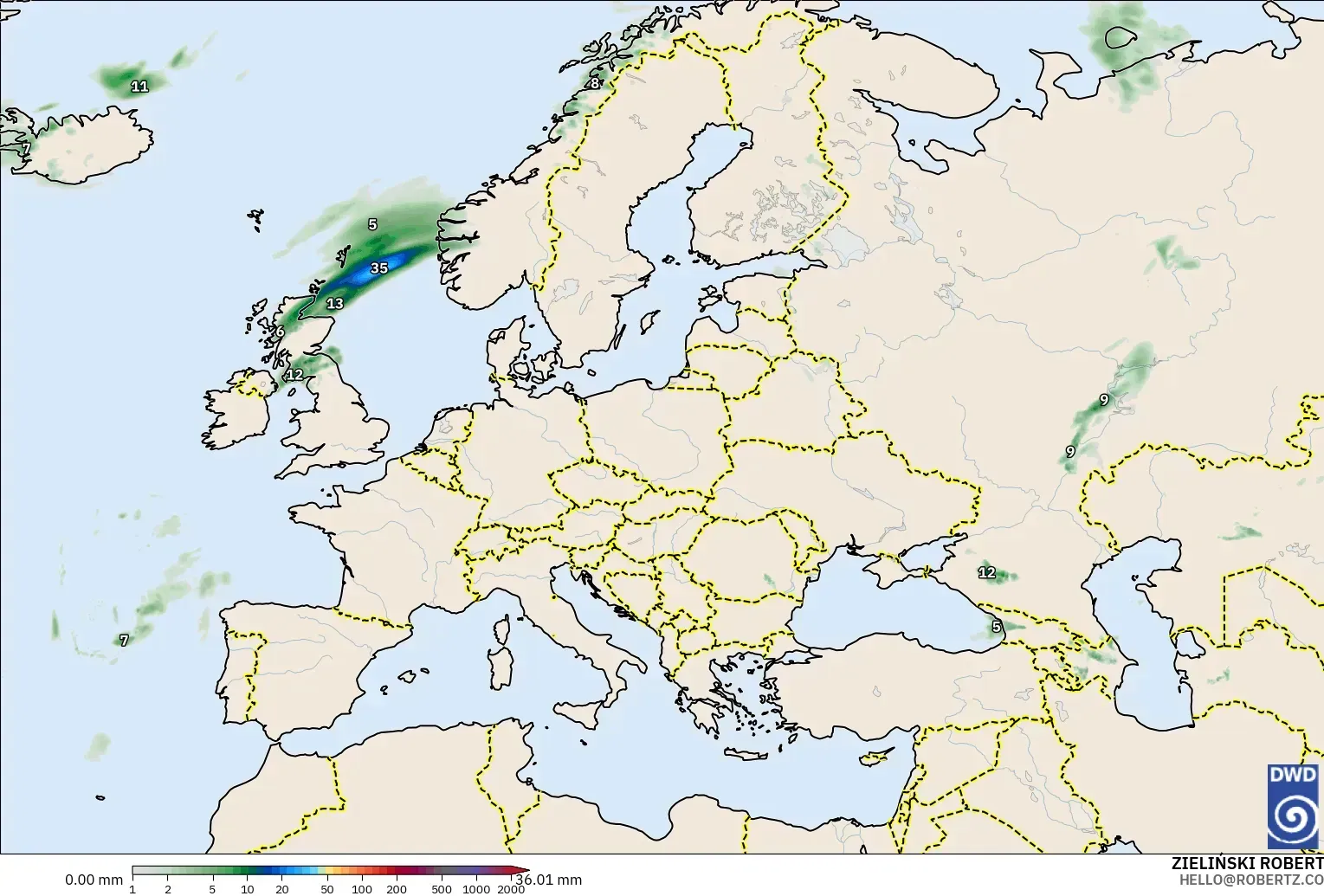 ICON modelo - Europa, Acumulación de precipitación