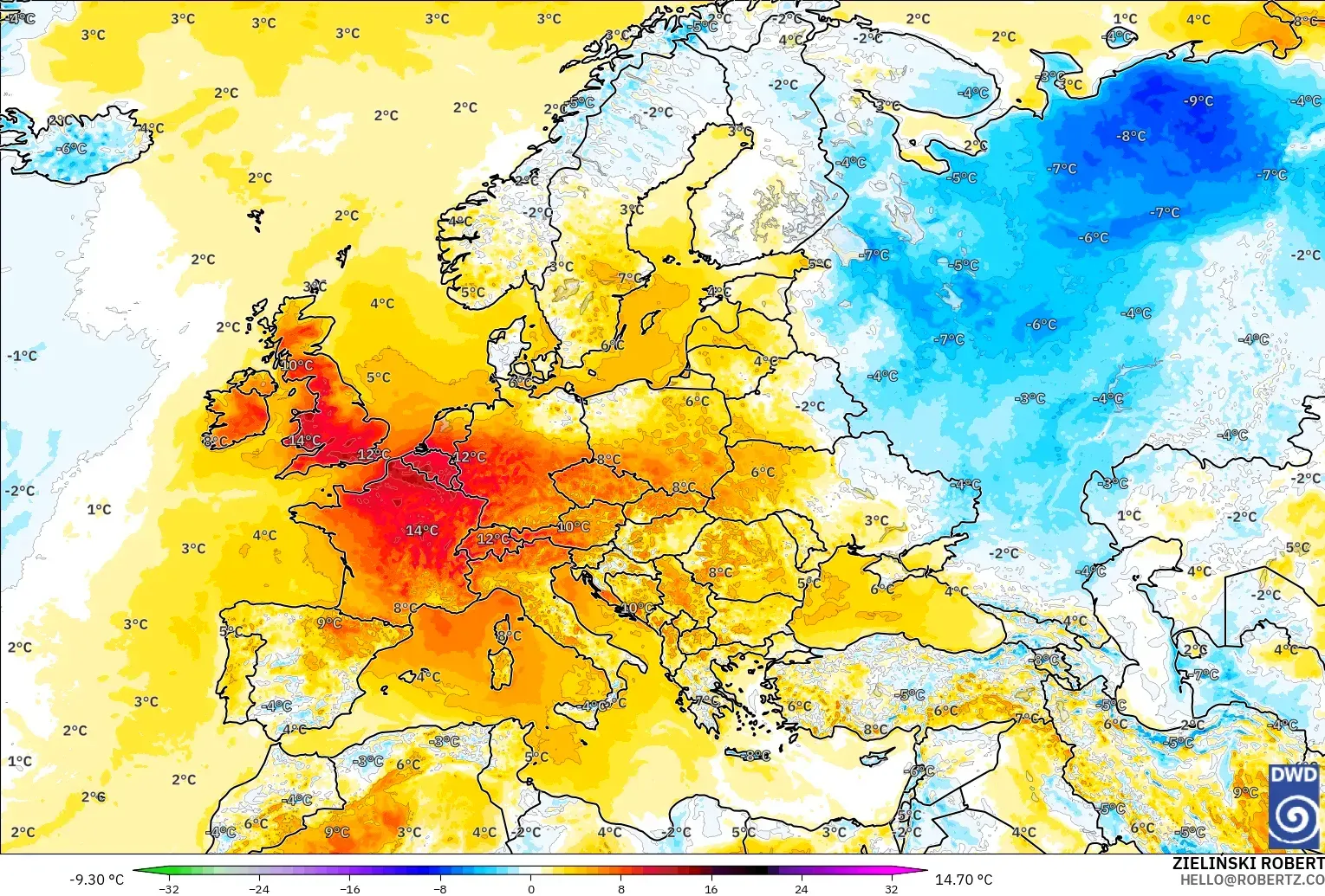 ICON modelo - Europa, Anomalía de temperatura a 2 m