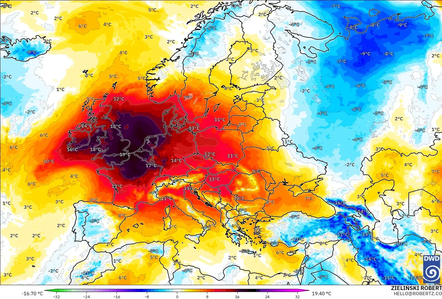 ICON modelo - Europa, Anomalía de temperatura a 850 hPa
