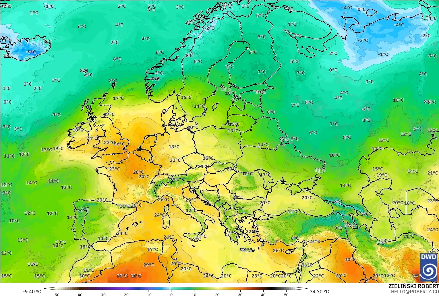 ICON modelo - Europa, Temperatura a 850 hPa