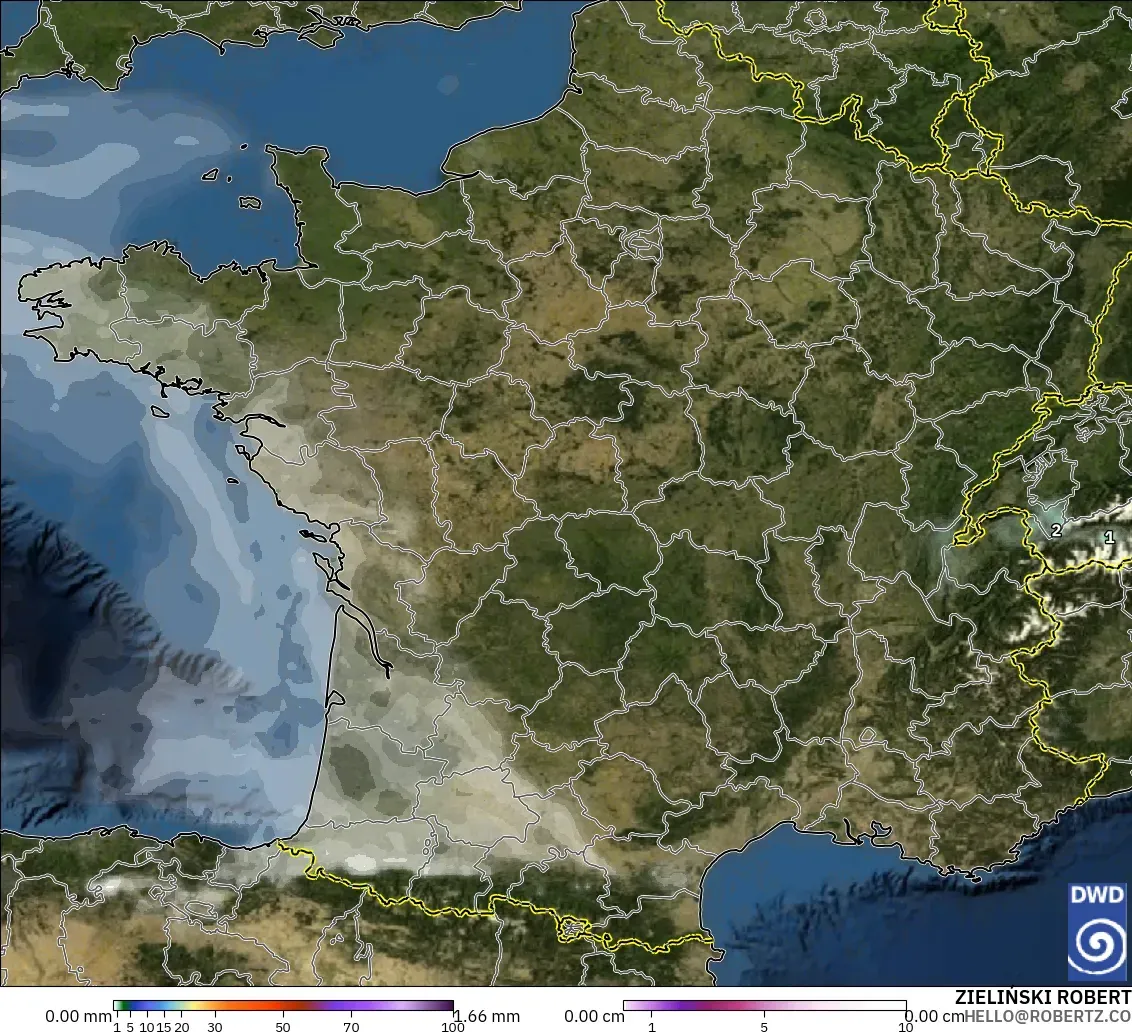 ICON modelo - Francia, Precipitación, nubes y presión