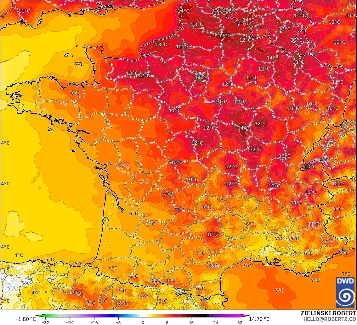 ICON modelo - Francia, Anomalía de temperatura a 2 m