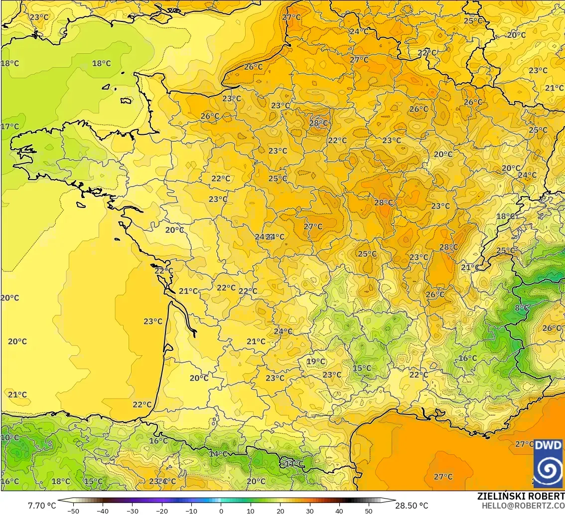 ICON modelo - Francia, Temperatura a 2 m