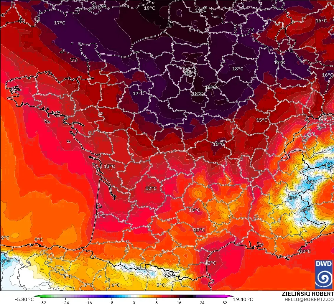 ICON modelo - Francia, Anomalía de temperatura a 850 hPa