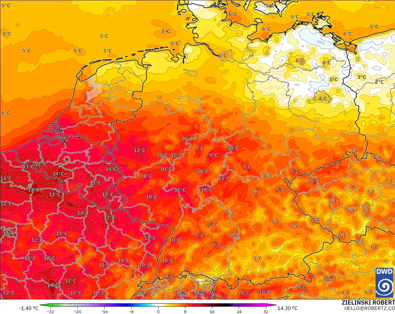 ICON modelo - Alemania, Anomalía de temperatura a 2 m