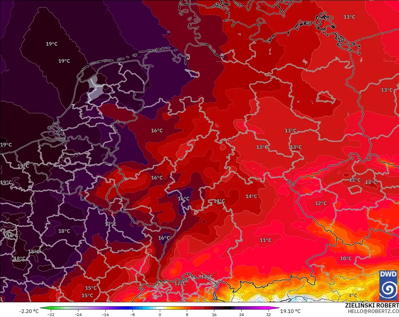 ICON modelo - Alemania, Anomalía de temperatura a 850 hPa