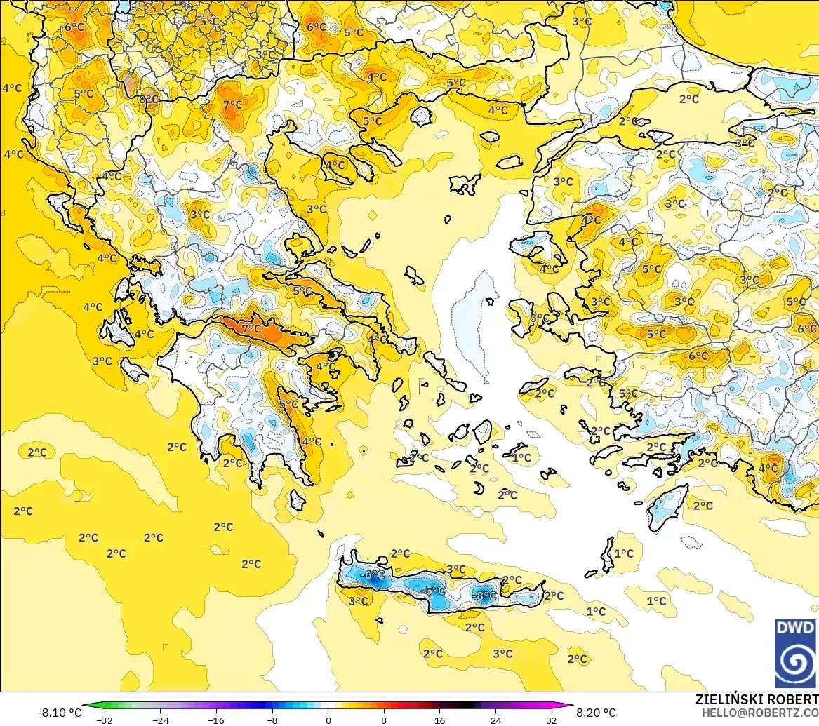 ICON modelo - Grecia, Anomalía de temperatura a 2 m