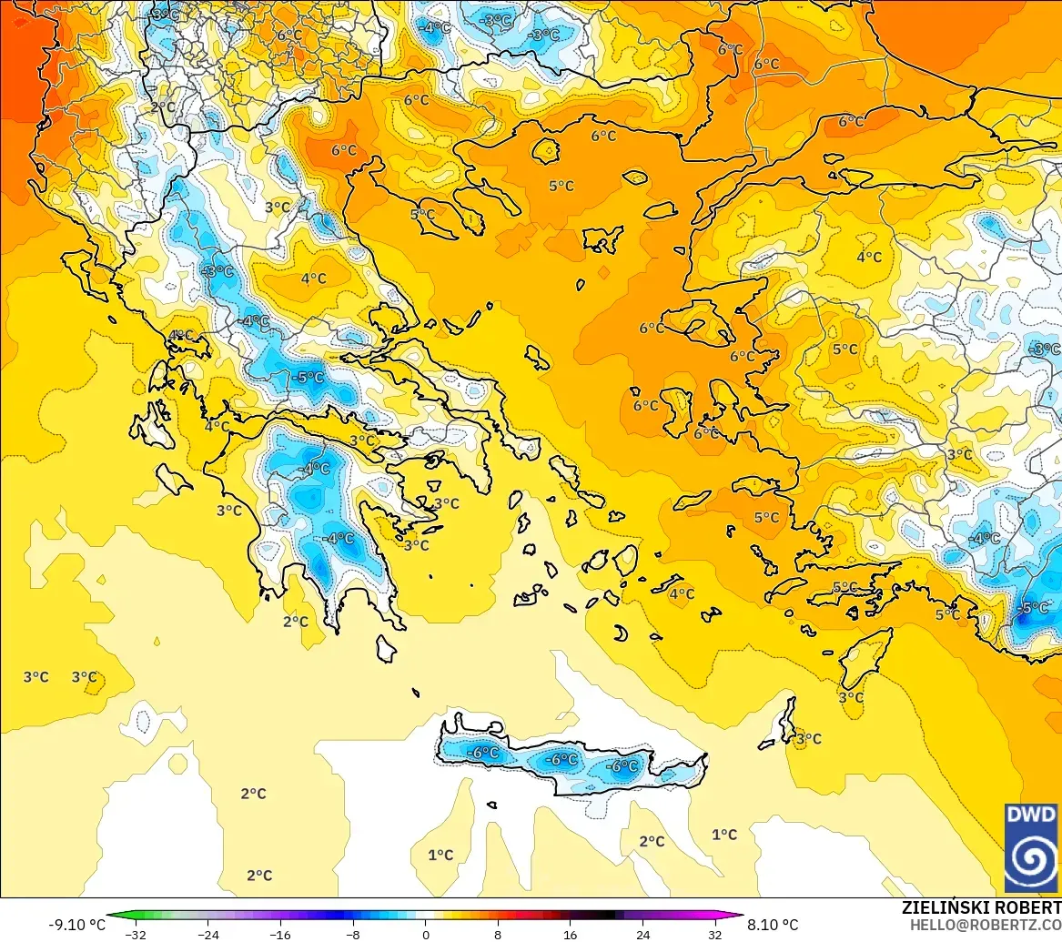 ICON modelo - Grecia, Anomalía de temperatura a 850 hPa