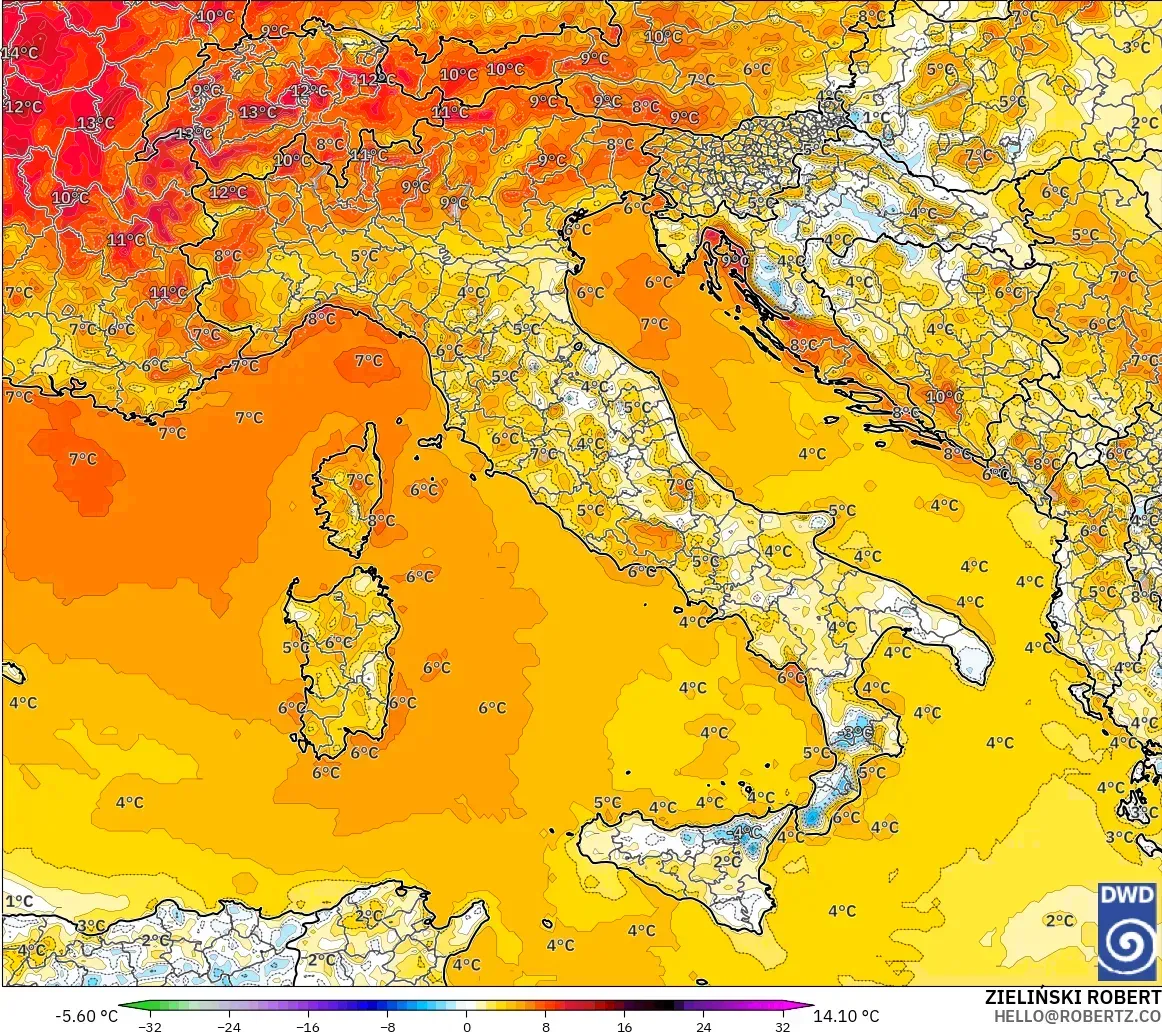ICON modelo - Italia, Anomalía de temperatura a 2 m