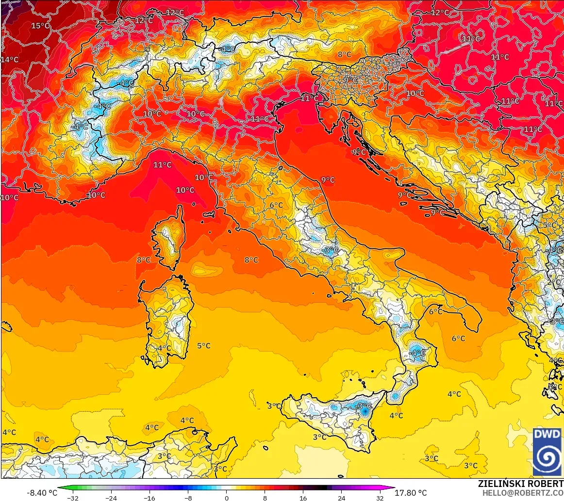 ICON modelo - Italia, Anomalía de temperatura a 850 hPa
