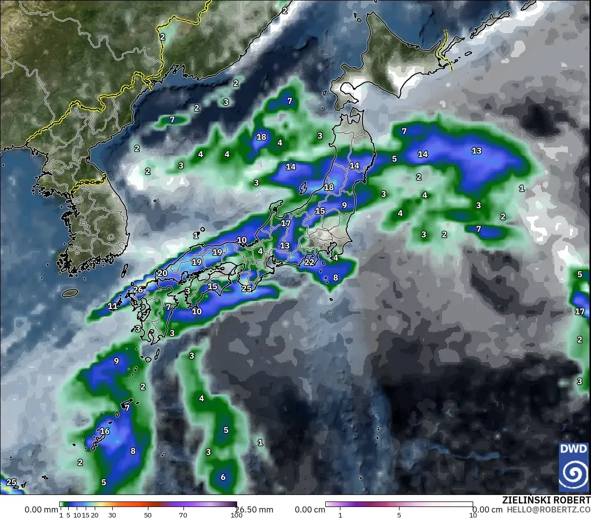 ICON modelo - Japón, Precipitación, nubes y presión