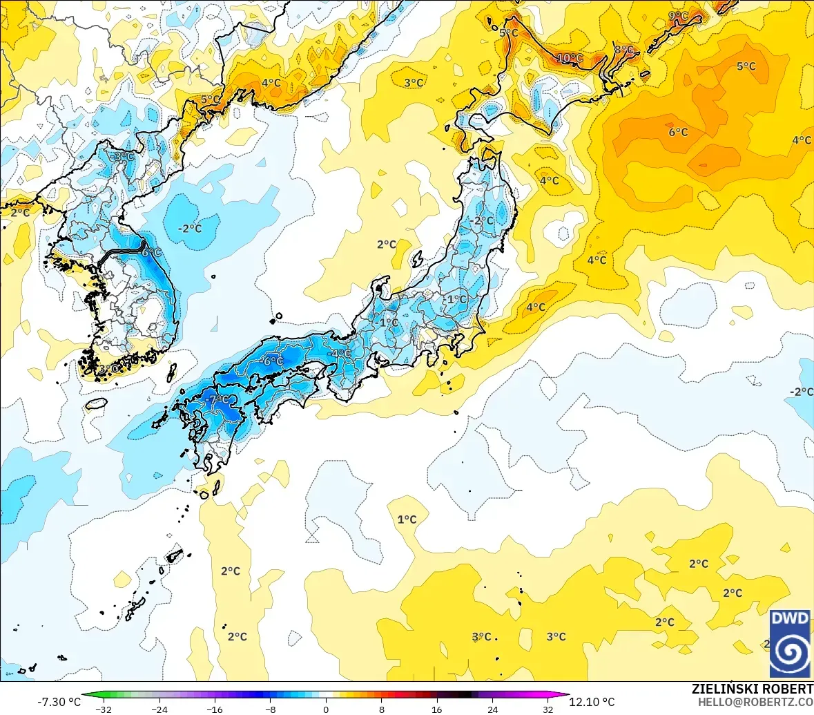 ICON modelo - Japón, Anomalía de temperatura a 2 m