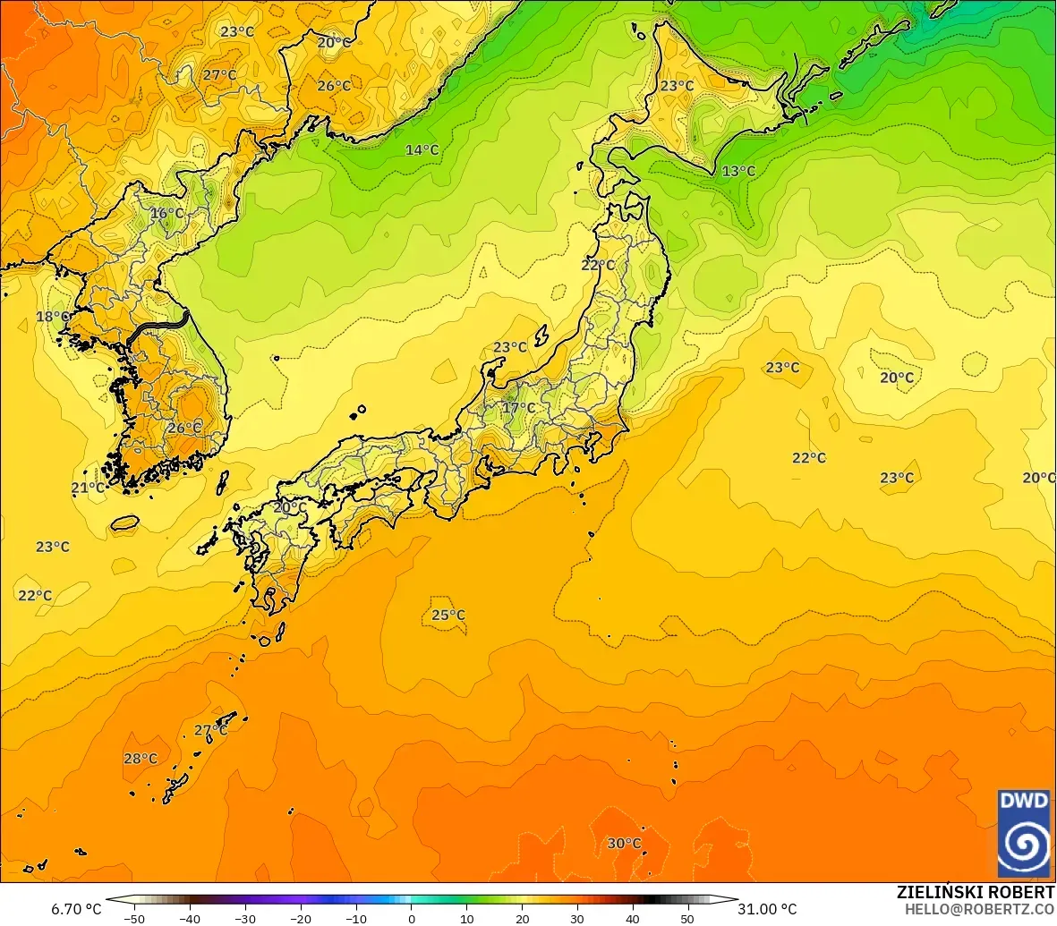 ICON modelo - Japón, Temperatura a 2 m