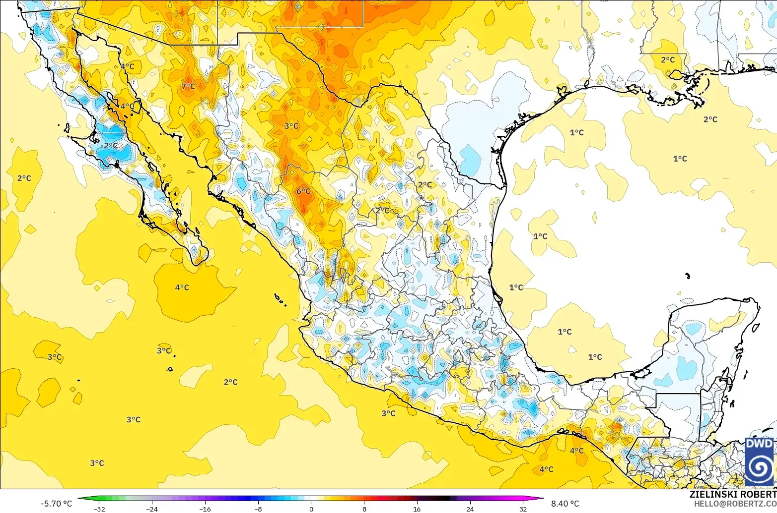 ICON modelo - México, Anomalía de temperatura a 2 m