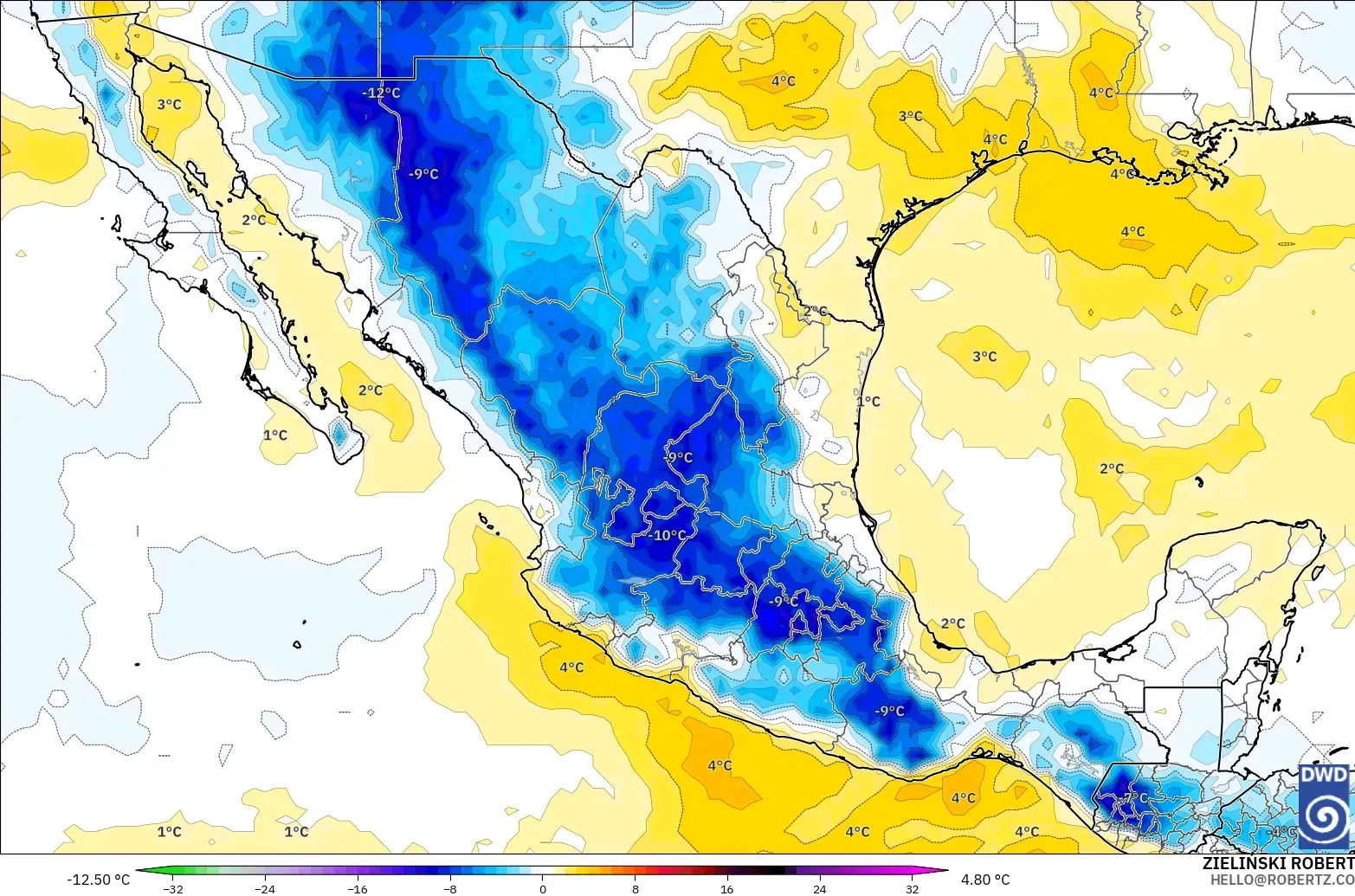 ICON modelo - México, Anomalía de temperatura a 850 hPa