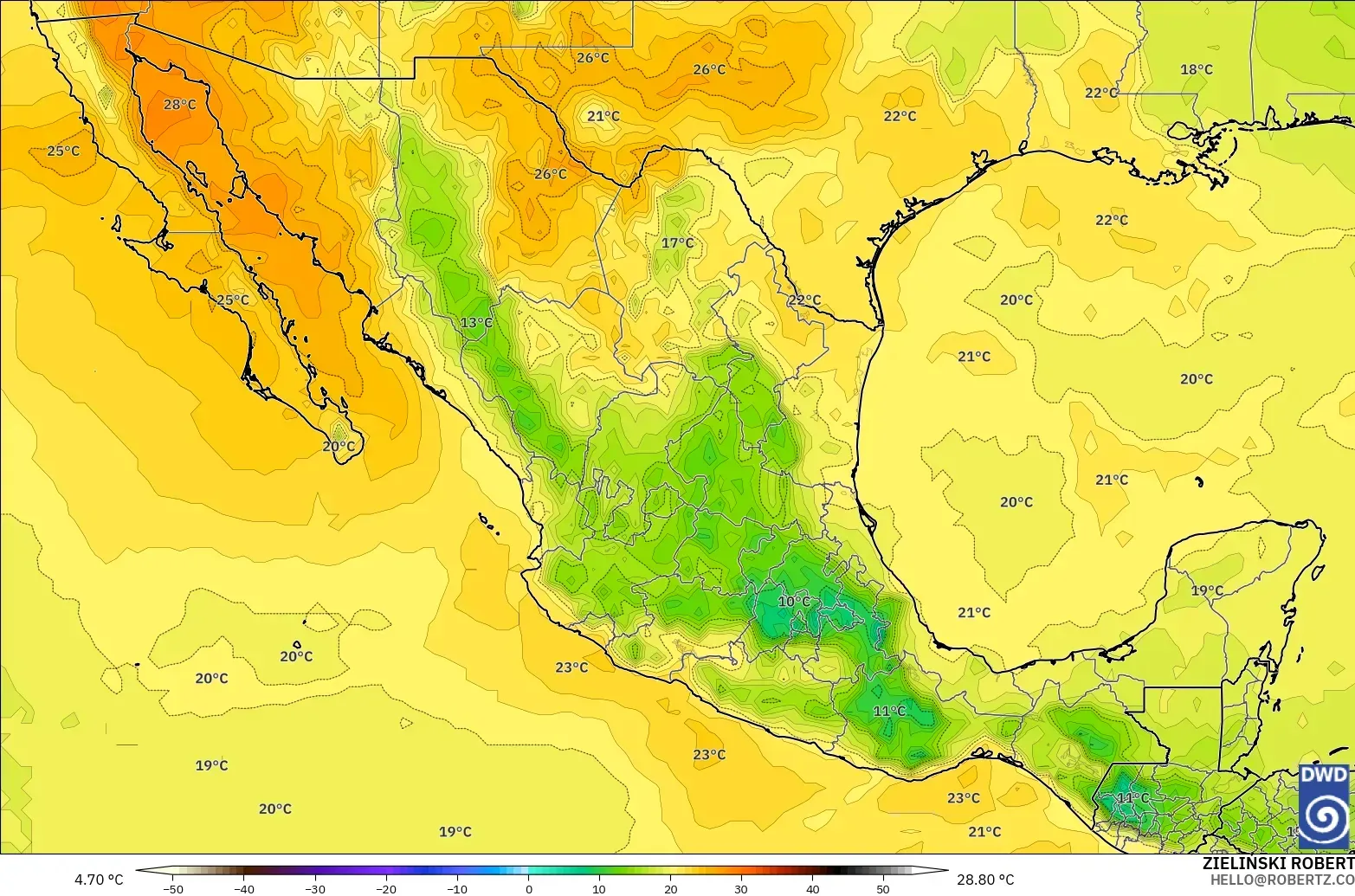 ICON modelo - México, Temperatura a 850 hPa
