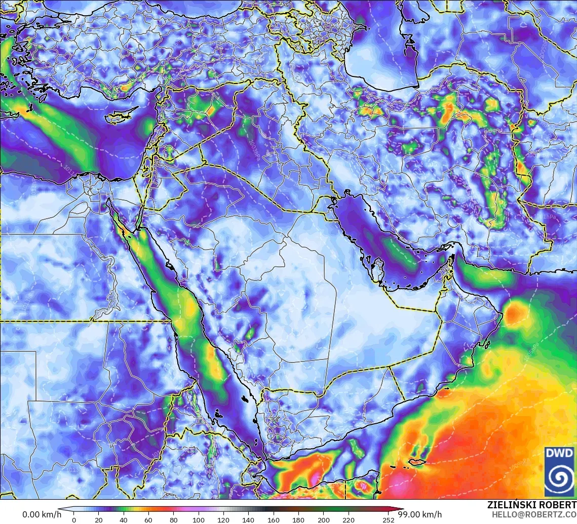 ICON modelo - Oriente Medio, Ráfagas de Viento Máximas
