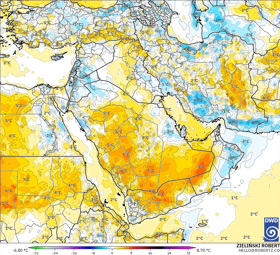 ICON modelo - Oriente Medio, Anomalía de temperatura a 2 m