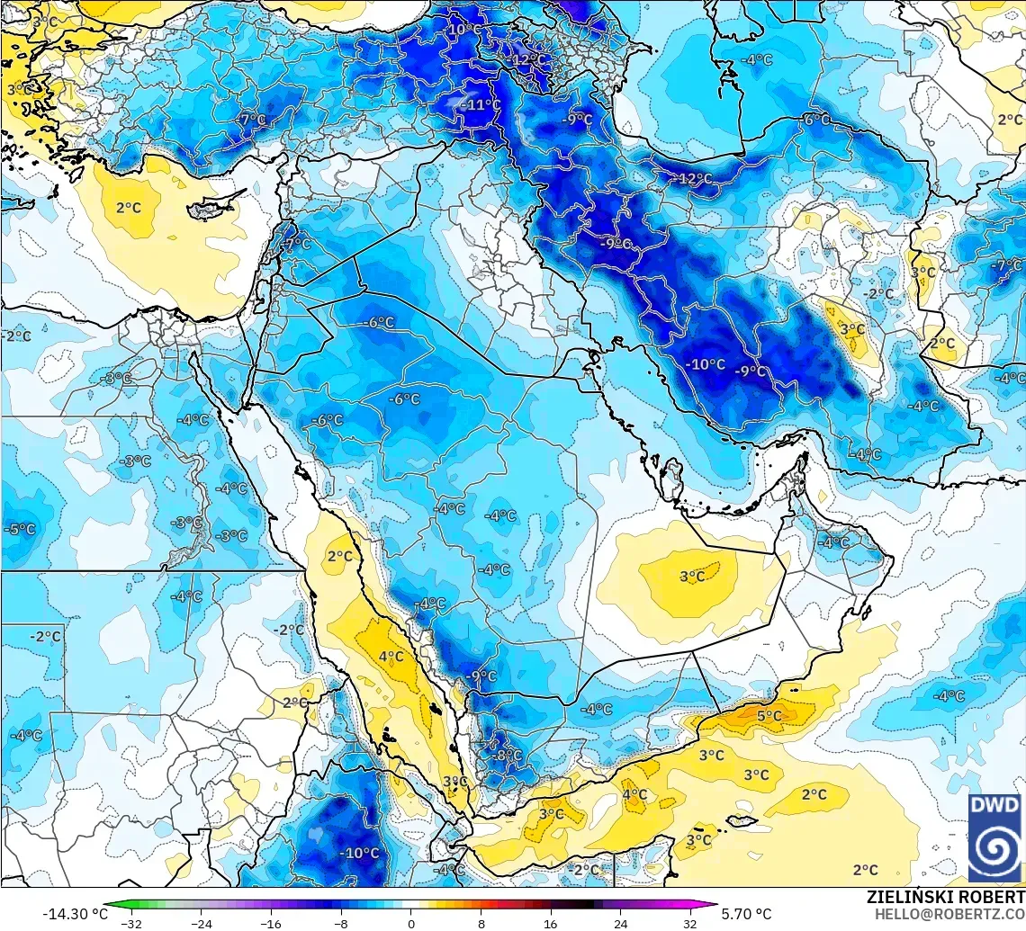 ICON modelo - Oriente Medio, Anomalía de temperatura a 850 hPa