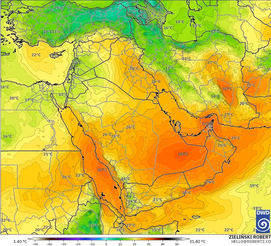 ICON modelo - Oriente Medio, Temperatura a 850 hPa