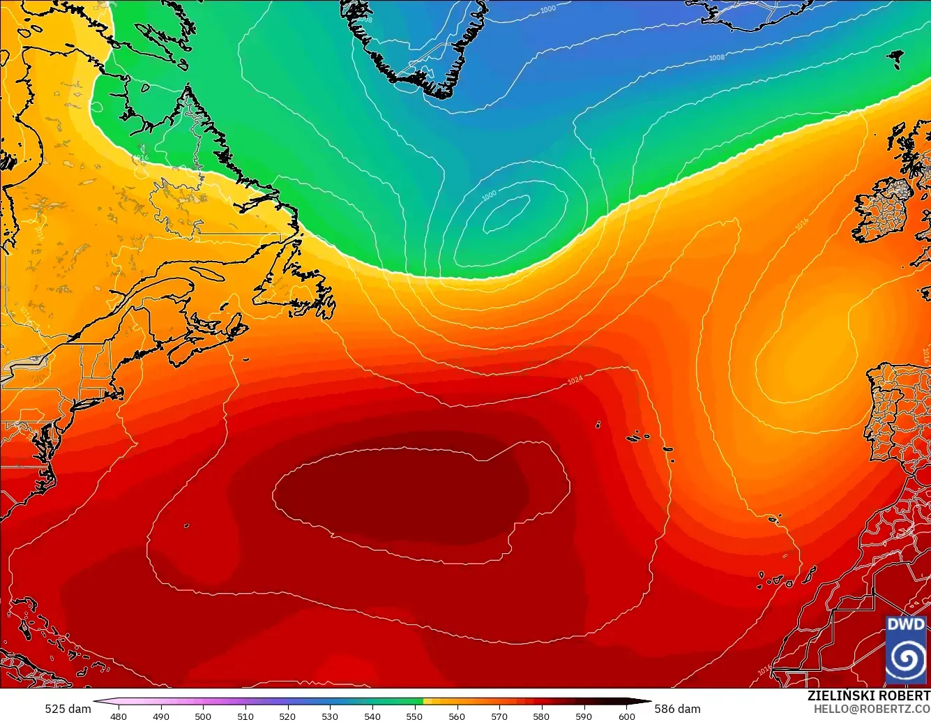 ICON modelo - Norte Atlántico, Altura geopotencial a 500 hPa