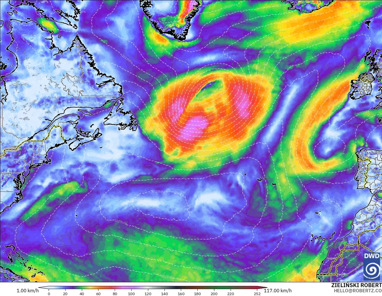 ICON modelo - Norte Atlántico, Ráfagas de Viento Máximas